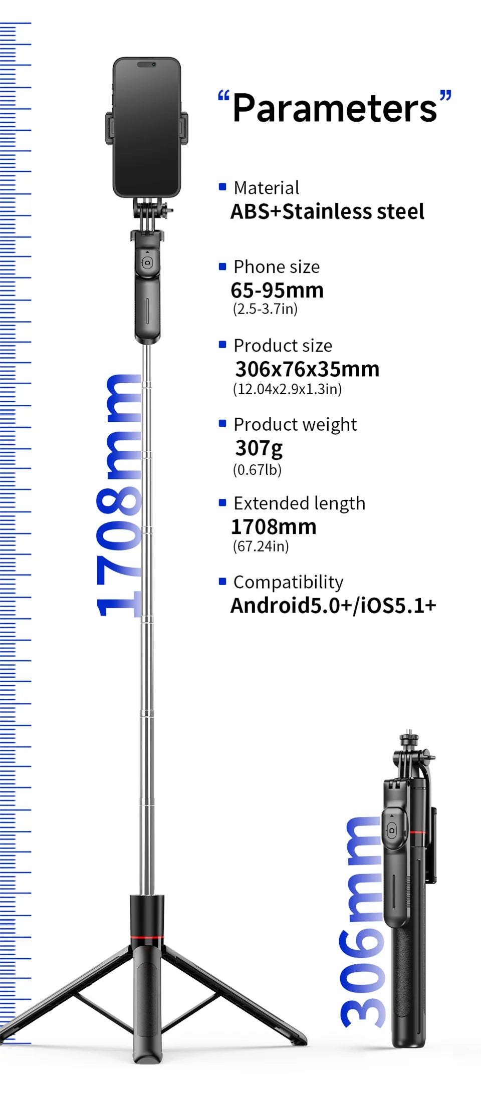 Selfie Stick Tripod with 1708mm Long Monopod Fill Light, Bluetooth Remote, 360° Rotation - LKBA