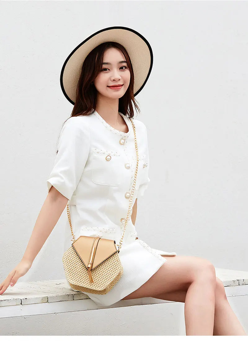 Shape Straw PU Leather Handbag Women Summer Rattan Bag Handmade Woven Beach Bohemia Chain Strap Shoulder - LKBA