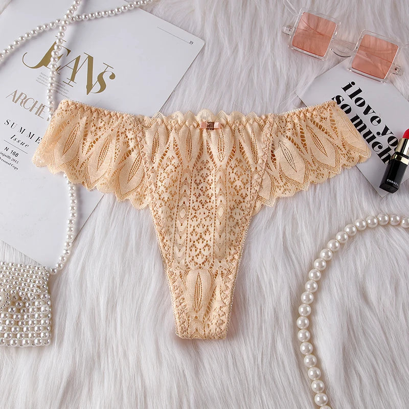 BANNIROU Women's Thongs Underwear Female Intimates T-back G-string Sexy Transparent Lace Low-Rise Panties Lingerie For Woman - LKBA