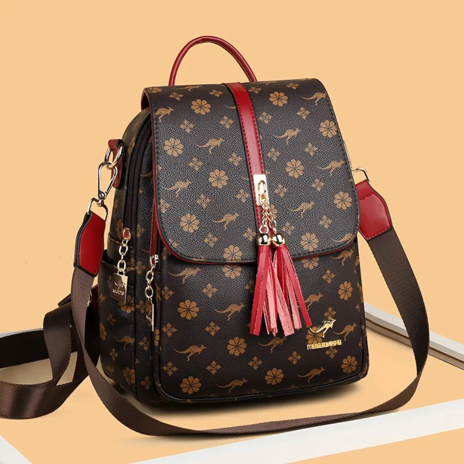 Ladies Backpack Designer High Quality Leather Women Bag Luxury Fashion Printing Tassel School Bags Large Capacity Backpacks Sac - LKBA