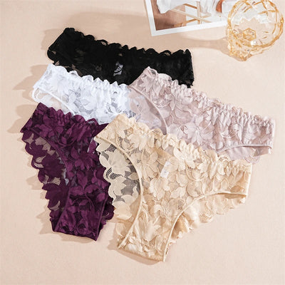 2Pcs Women's Satin Floral Lace Underwear Sexy Hollow Out Panties Solid Low-Waist Perspective Briefs Girls Soft Lingerie - LKBA