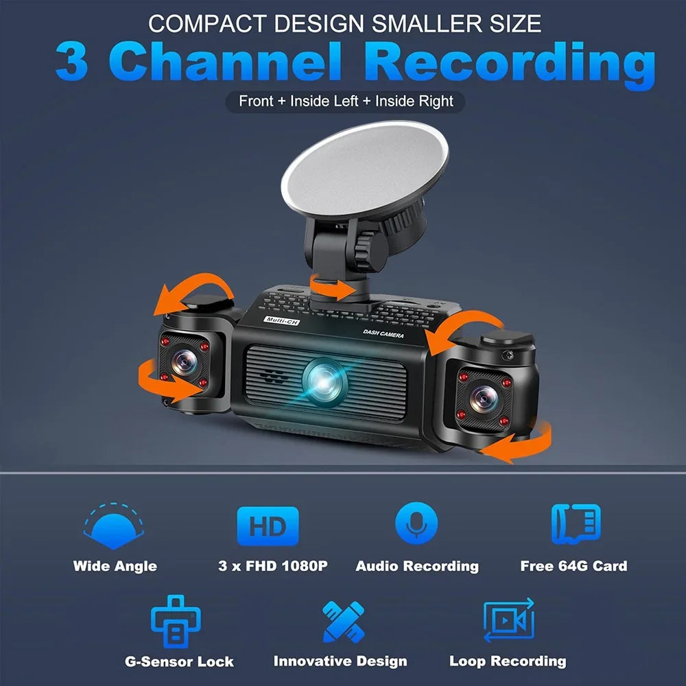 Dash Cam W/ IR Night Vision Loop Recording 3" IPS Screen 360° Rotatable 1080P 4 Camera Front/Rear/Left/Right Cars Driving DVR - LKBA