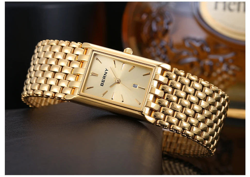 BERNY Gold Watch for Couple Luxury Women/Men Wristwatch Waterproof Golden Clock Quartz Stainless Steel Fashion Men Ladies Watch - LKBA