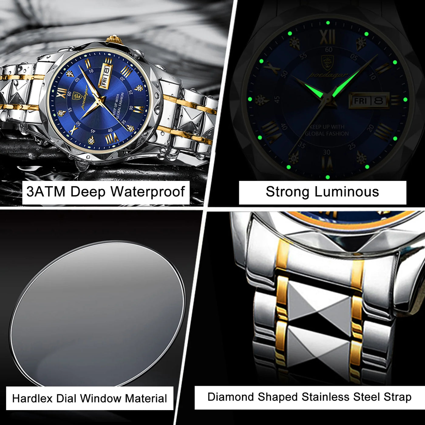 POEDAGAR Top Brand Luxury Men's Watches Waterproof Luminous Calendar Week Watch For Man Casual Stainless Steel Quartz Men Watch - LKBA
