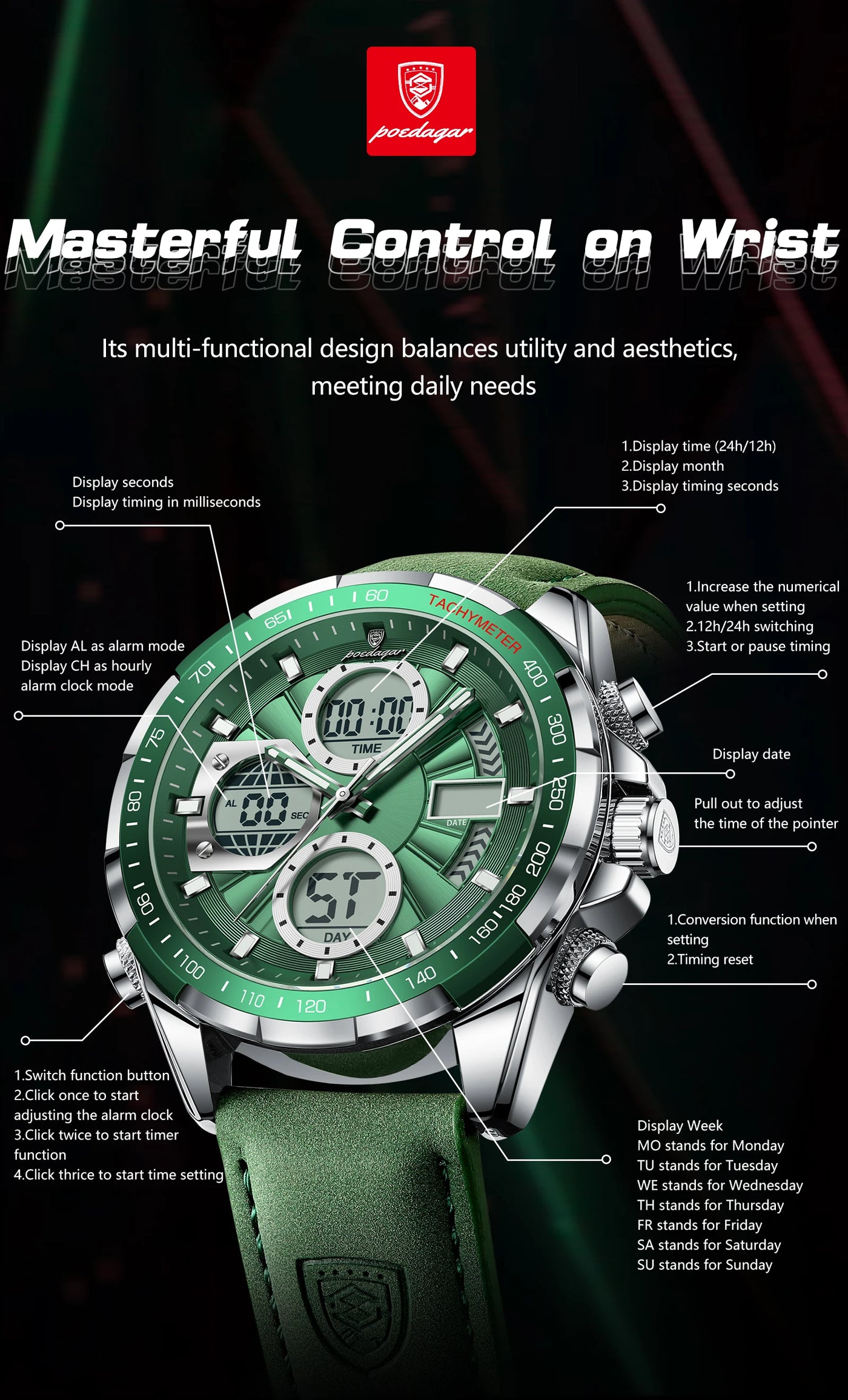 POEDAGAR LED Luxury Men Watch Luminous Week Date Dual Time Display Digital Man Clock Alarm Electronic Men's Quartz Watches Reloj - LKBA