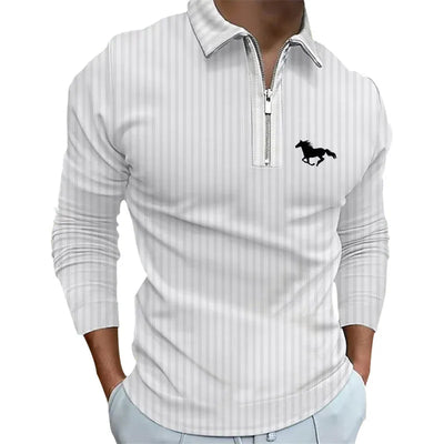 100% Polyester Fiber Zipper Striped Long Sleeved Polo Shirt Light Mature and Fashionable Men's Top Item - LKBA