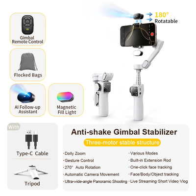 Handheld Anti-shake Gimbal Stabilizer Travel Extended Selfie Stick Face Tracking Phone Stand - LKBA