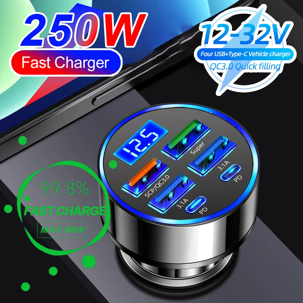 250W PD Car Charger QC3.0 Fast Charge two to Six Port Car Cigarette Lighter Plug Car Charger Flash Charge with Digital Display - LKBA