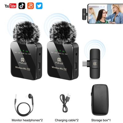 PULUZ Wireless Lavalier Microphone Portable Audio Video Recording Mini Mic for iPhone Android Outdoor Live Broadcast Phone Mic - LKBA