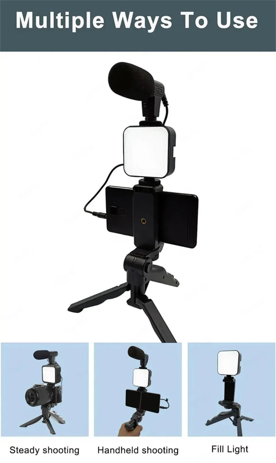 Smartphone Vlogging Kit with Tripod Phone Holder Mini Microphone LED Fill Light - LKBA