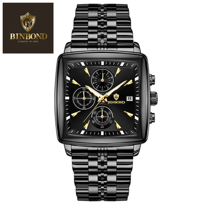 BINBOND Luxury Square Sport Man Wristwatch Waterproof Luminous Chronograph Quartz Men's Watches Stainless Steel Men Watch Reloj - LKBA