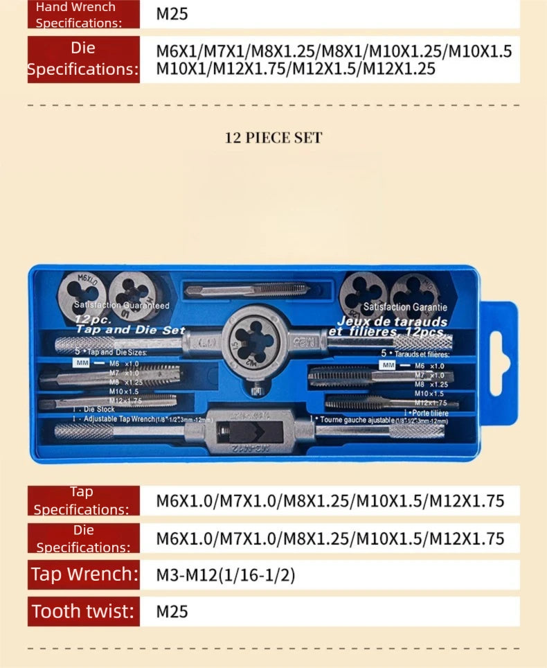 Hand Tap and Die Set with Handle for Thread Repair Rethreading Screws Combination Tool Kit Manual Socket Wrench Thread Repair - LKBA