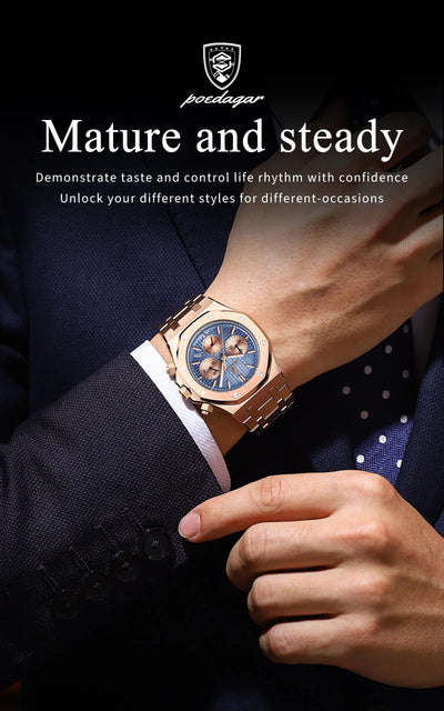 POEDAGAR Original Luxury Men's Watches Date Chronograph Stainless Steel Quartz Watch Waterproof Luminous Fashion Man Wristwatch - LKBA