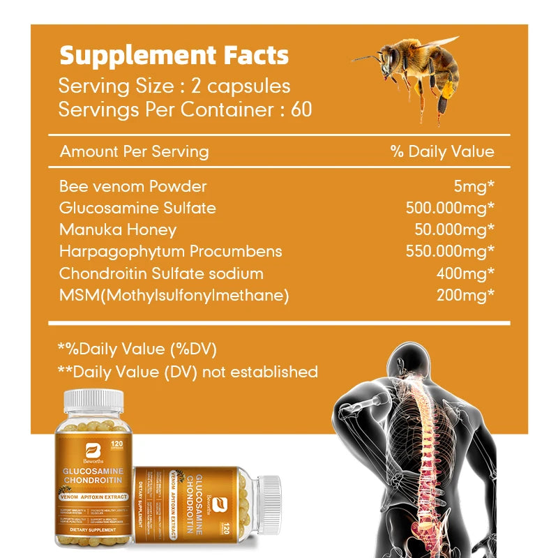 Glucosamine Chondroitin Bee Venom Extract Capsules for Joint & Knee Health No Pain Discomfort of Bones and Joint - LKBA