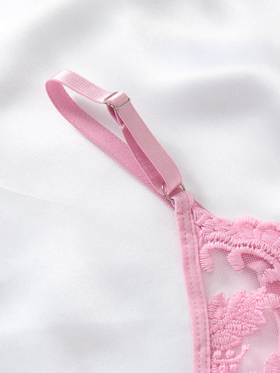 Ladies' wine-red countryside style wheat ear embroidery semitransparent nightgown - LKBA