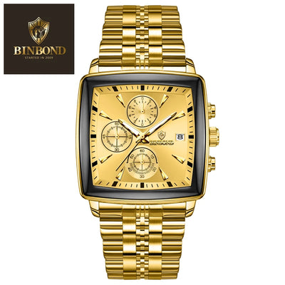 BINBOND Luxury Square Sport Man Wristwatch Waterproof Luminous Chronograph Quartz Men's Watches Stainless Steel Men Watch Reloj - LKBA