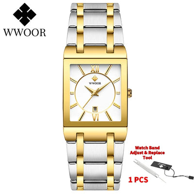 Fashion Stainless Steel Watches Men 2024 WWOOR Square Waterproof Quartz Watch Men Top Brand Luxury Gold Black Wristwatch For Man
