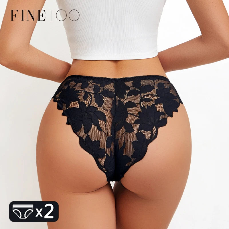 2Pcs Women's Satin Floral Lace Underwear Sexy Hollow Out Panties Solid Low-Waist Perspective Briefs Girls Soft Lingerie - LKBA