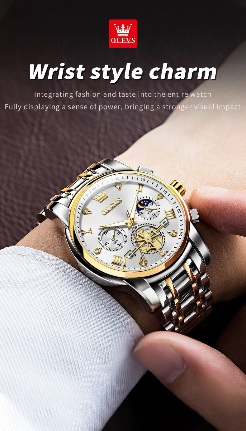 OLEVS 2856 Quartz Watch for Men Flywheel Skeleton Chronograph Moon Phase Multifunctional Stainless steel Men's Wristwatches - LKBA