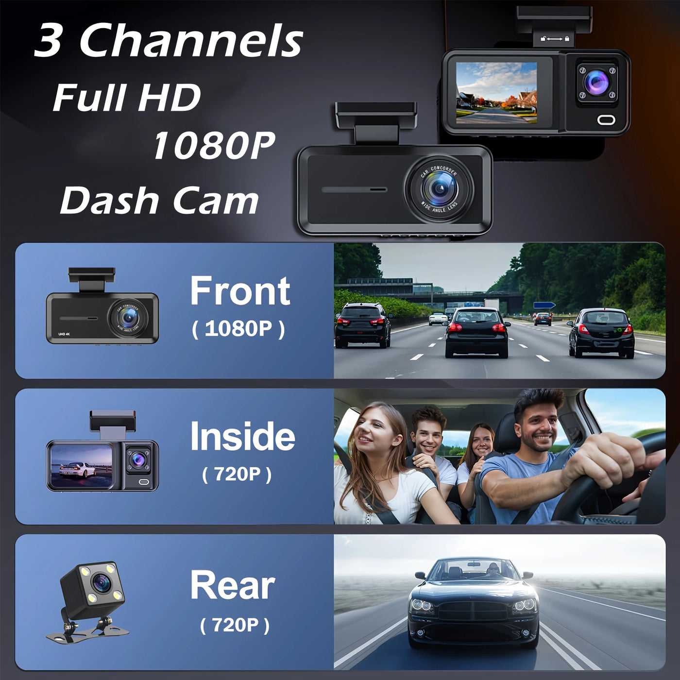 Dash Cam for Cars 3 Channel Car DVR 1080P Camera Video Recorder Front and Rear Inside View Camera for Vehicle Three Way Dashcam - LKBA