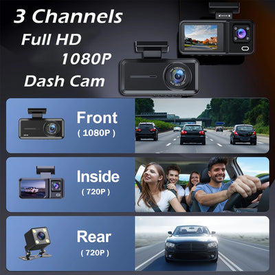 Dash Cam for Cars 3 Channel Car DVR 1080P Camera Video Recorder Front and Rear Inside View Camera for Vehicle Three Way Dashcam - LKBA