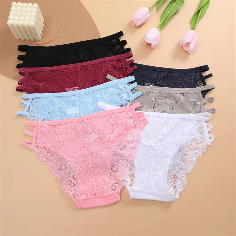 3PC/Set Women's Sexy Floral Lace Panties Low Rise Hollow Out Briefs Transparent Underwear Female Elastic Straps Soft Lingerie - LKBA