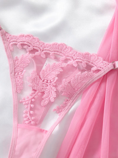 Ladies' wine-red countryside style wheat ear embroidery semitransparent nightgown - LKBA