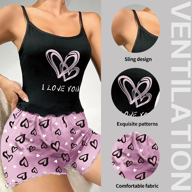 Women's Milk Silk Pajamas Set Summer Sleeveless Heart Print Shorts Sleepwear Sexy Comfortable Loungewear Two Piece - LKBA