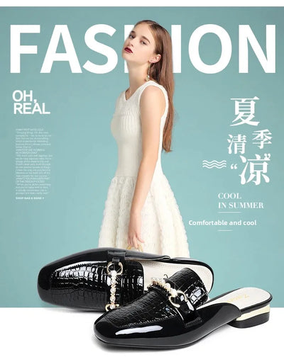 Summer New Pearl Painted Leather Low Heel Women's Slippers High Quality Flat Bottom Half Slippers Comfortable Fashionable - LKBA