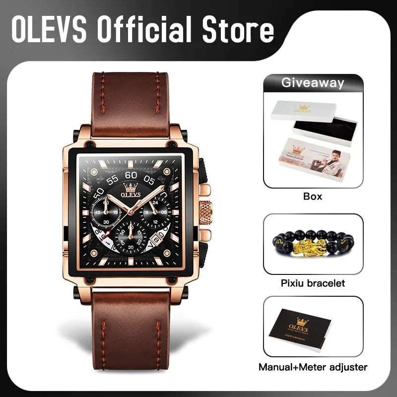 OLEVS Top Brand Male Watches Square Quartz Watch Watch For Men Waterproof Leather Strap Sport Clock Male Relogio Masculino - LKBA