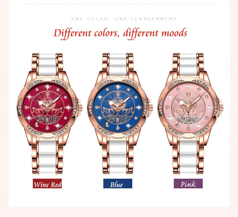 POEDAGAR Luxury Women's Quartz Watch Waterproof Luminous Date Ceramics Steel Watches For Woman Diamond Elegant Ladies Wristwatch - LKBA