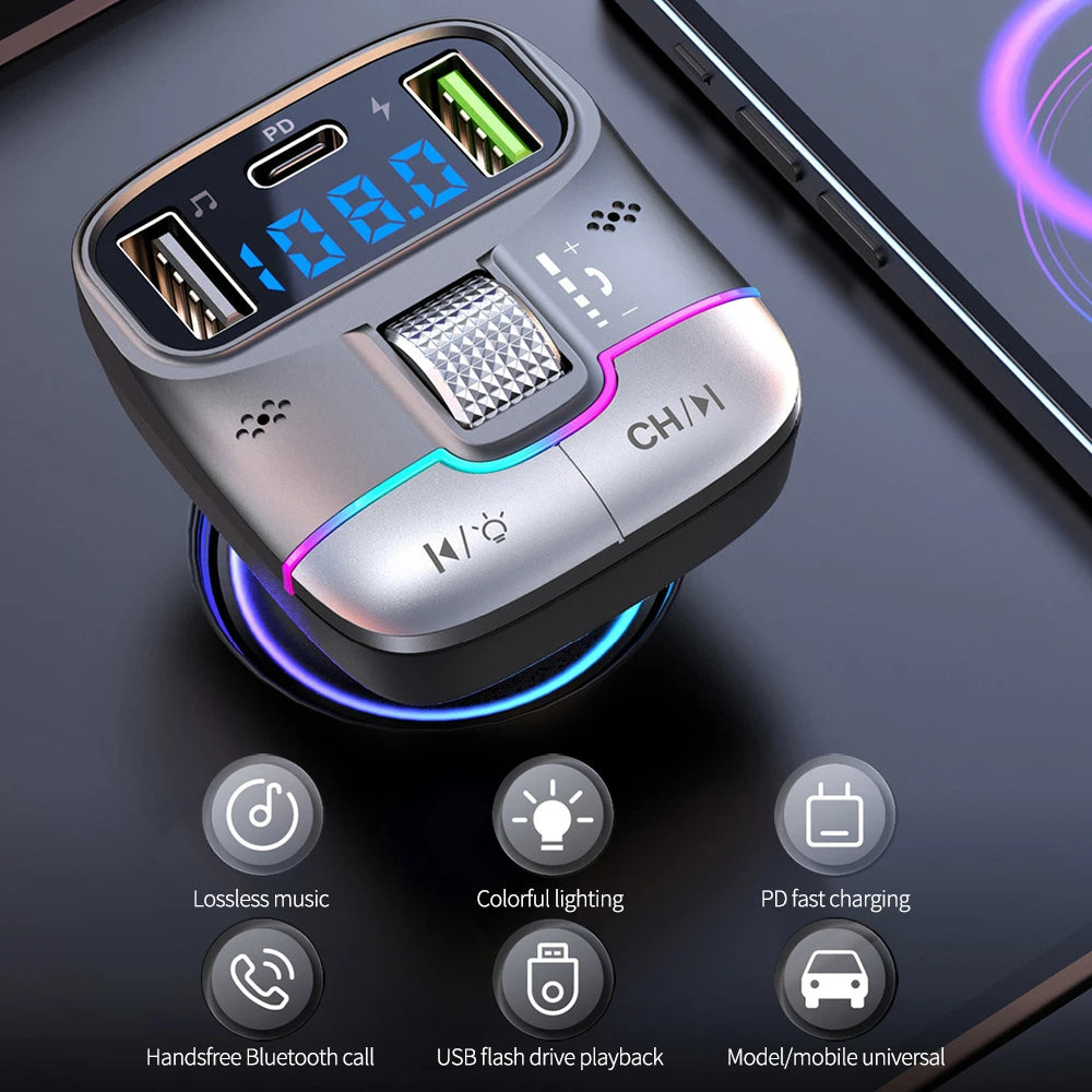 Bluetooth 5.3 Car FM Transmitter Wireless Bluetooth Car Adapter MP3 Player Handsfree Call Dual USB PD Fast Charger Roller Wheel - LKBA