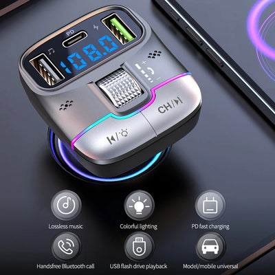 Bluetooth 5.3 Car FM Transmitter Wireless Bluetooth Car Adapter MP3 Player Handsfree Call Dual USB PD Fast Charger Roller Wheel - LKBA