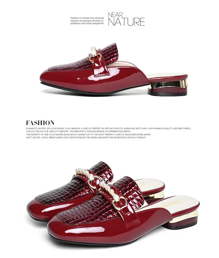 Summer New Pearl Painted Leather Low Heel Women's Slippers High Quality Flat Bottom Half Slippers Comfortable Fashionable