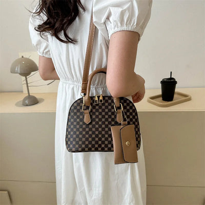 Luxury Shell Fashion Women's Handbag Simple Shoulder Bag Plaid Print Crossbody Bag with Mini Purse - LKBA