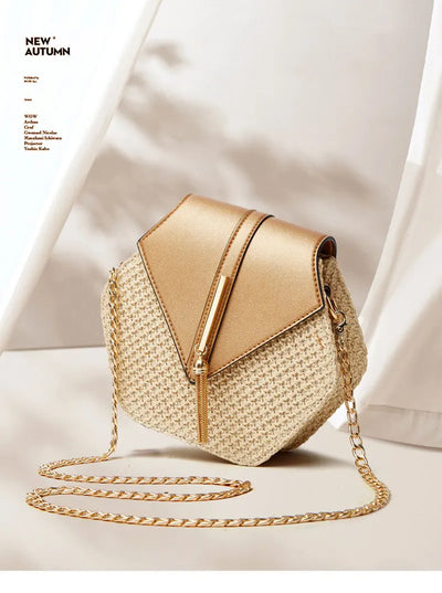 Shape Straw PU Leather Handbag Women Summer Rattan Bag Handmade Woven Beach Bohemia Chain Strap Shoulder - LKBA