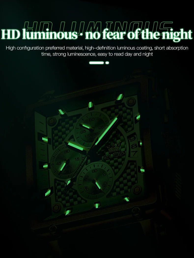 OLEVS Luxury Classic Men's Watches Top Brand Original Quartz Square Quartz Watch for Man Leather Strap Waterproof Luminous Date - LKBA