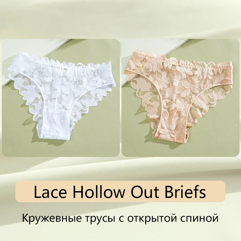 2Pcs Women's Satin Floral Lace Underwear Sexy Hollow Out Panties Solid Low-Waist Perspective Briefs Girls Soft Lingerie - LKBA