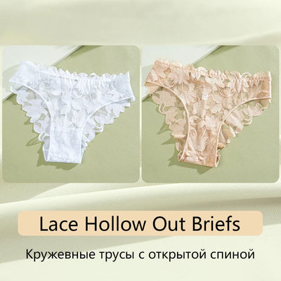 2Pcs Women's Satin Floral Lace Underwear Sexy Hollow Out Panties Solid Low-Waist Perspective Briefs Girls Soft Lingerie - LKBA