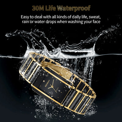 BERNY Ceramic Quartz Men Watch Fashion Luxury Rectangle Wristwatch XV12 Waterproof Calendar Diamon Black Gold Couple Gifts Watch - LKBA