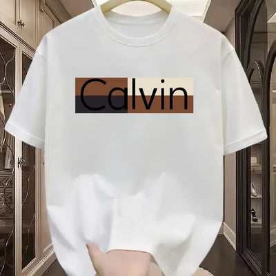 Men's summer 100% pure cotton fashionable casual sports loose Calvin pattern printed round neck short sleeved T-shirt top - LKBA
