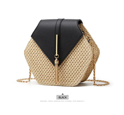 Shape Straw PU Leather Handbag Women Summer Rattan Bag Handmade Woven Beach Bohemia Chain Strap Shoulder - LKBA