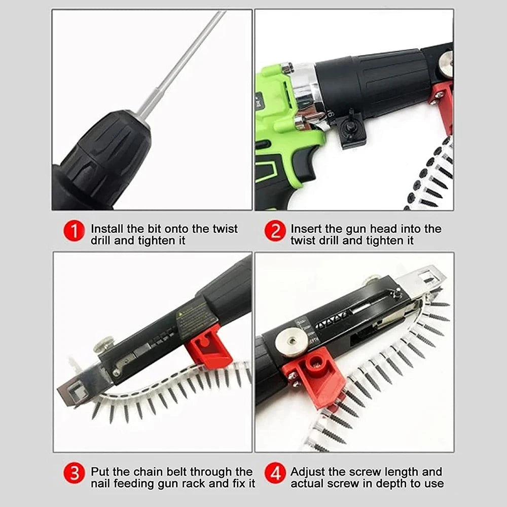 Automatic Screwdriver Chain Nail Gun Adapter Electric Drill Nozzle Woodwork Screw Drive Auto Feed - LKBA