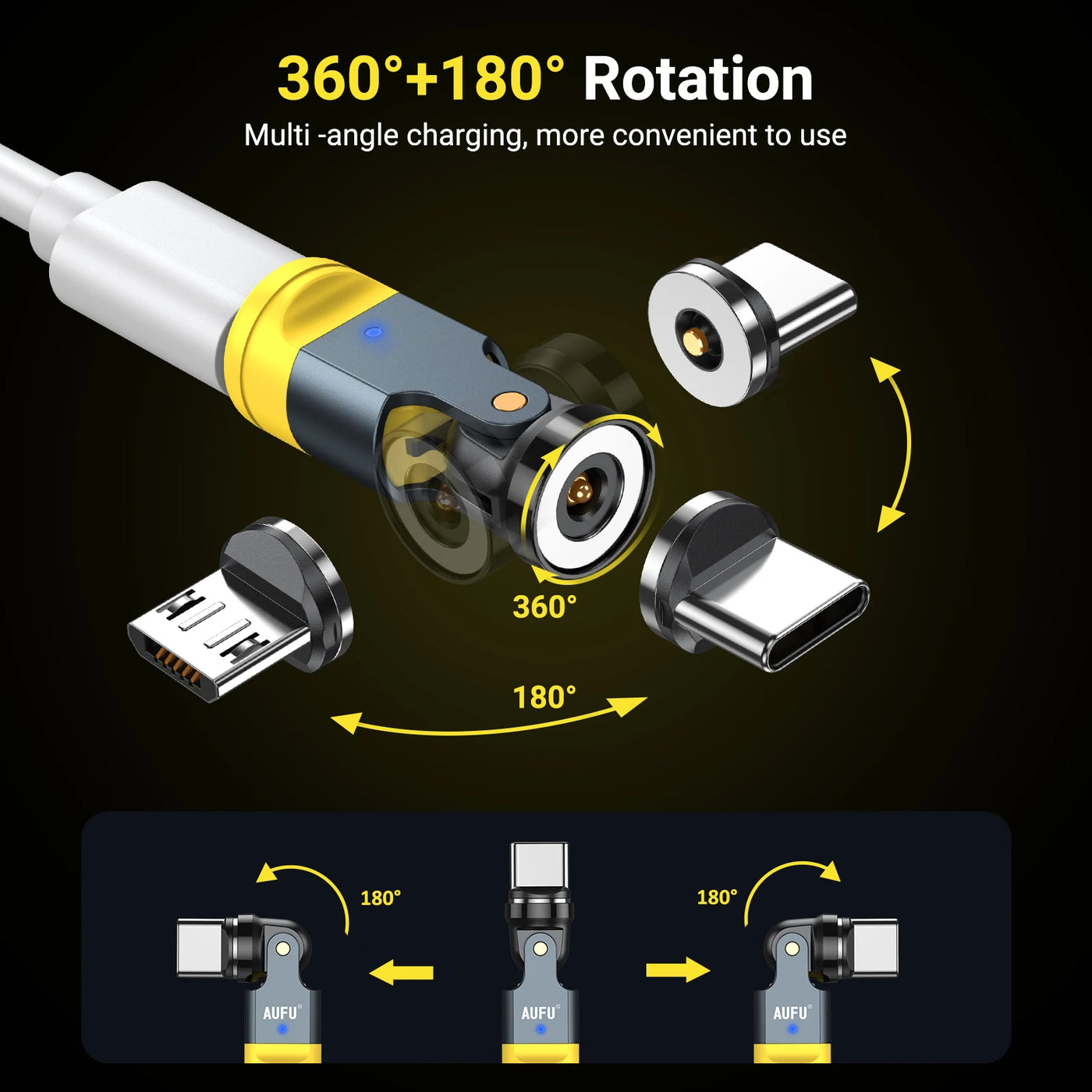 AUFU 540 Degree Rotating Magnetic Adapter USB to Type-C Charging Cable Magnetic USB C Female Converter for iPhone17 Mobile Phone - LKBA