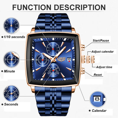 LIGE Top Brand Luxury Mens Watches Fashion Military Square Chronograph Quartz Wristwatches For Men Sports Waterproof Watch Men - LKBA