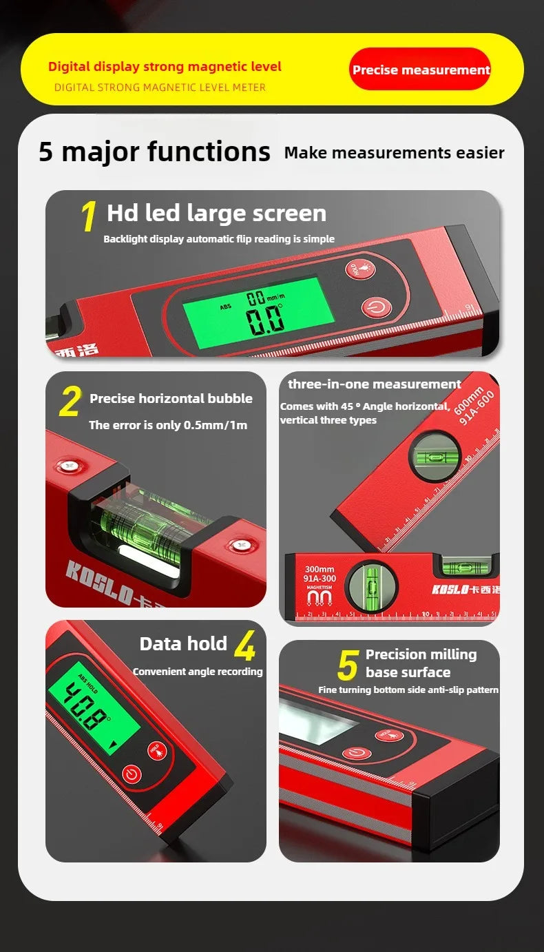 30/40/50cm Electronic Digital Display Level Ruler Magnetic Angle Meter Aluminum Alloy Level Protractor Inclinometer 90 Degree - LKBA