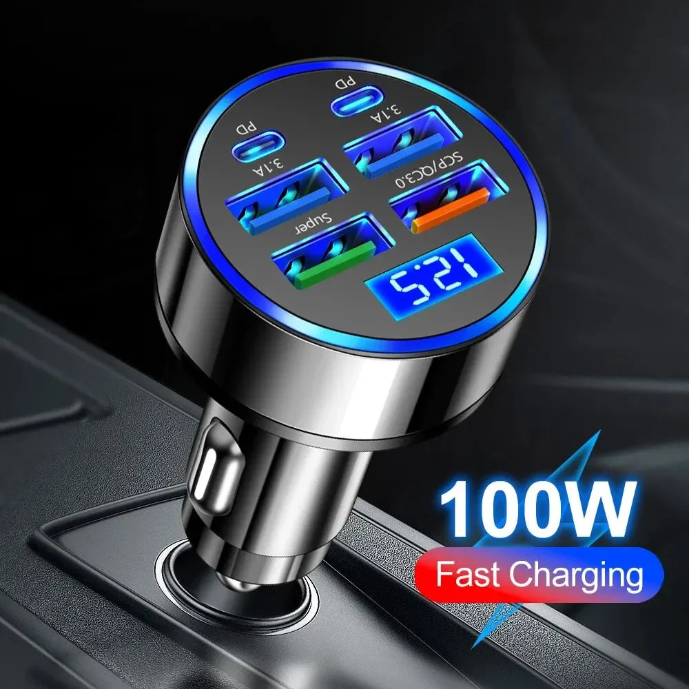 250W PD Car Charger QC3.0 Fast Charge two to Six Port Car Cigarette Lighter Plug Car Charger Flash Charge with Digital Display - LKBA