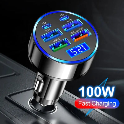 250W PD Car Charger QC3.0 Fast Charge two to Six Port Car Cigarette Lighter Plug Car Charger Flash Charge with Digital Display - LKBA
