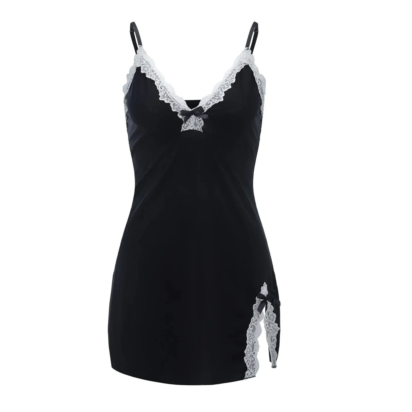 Sexy Sleepwear Women Lace Silk Satin V-Neck Nightgown Split Hem Soft Lingerie Night Dress Sleeveless Sleepwear Female Clothes - LKBA