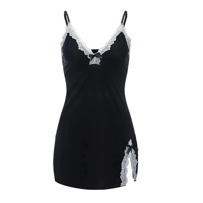 Sexy Sleepwear Women Lace Silk Satin V-Neck Nightgown Split Hem Soft Lingerie Night Dress Sleeveless Sleepwear Female Clothes - LKBA